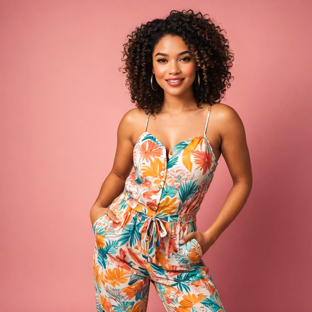 Playful Young Woman in Vibrant Jumpsuit