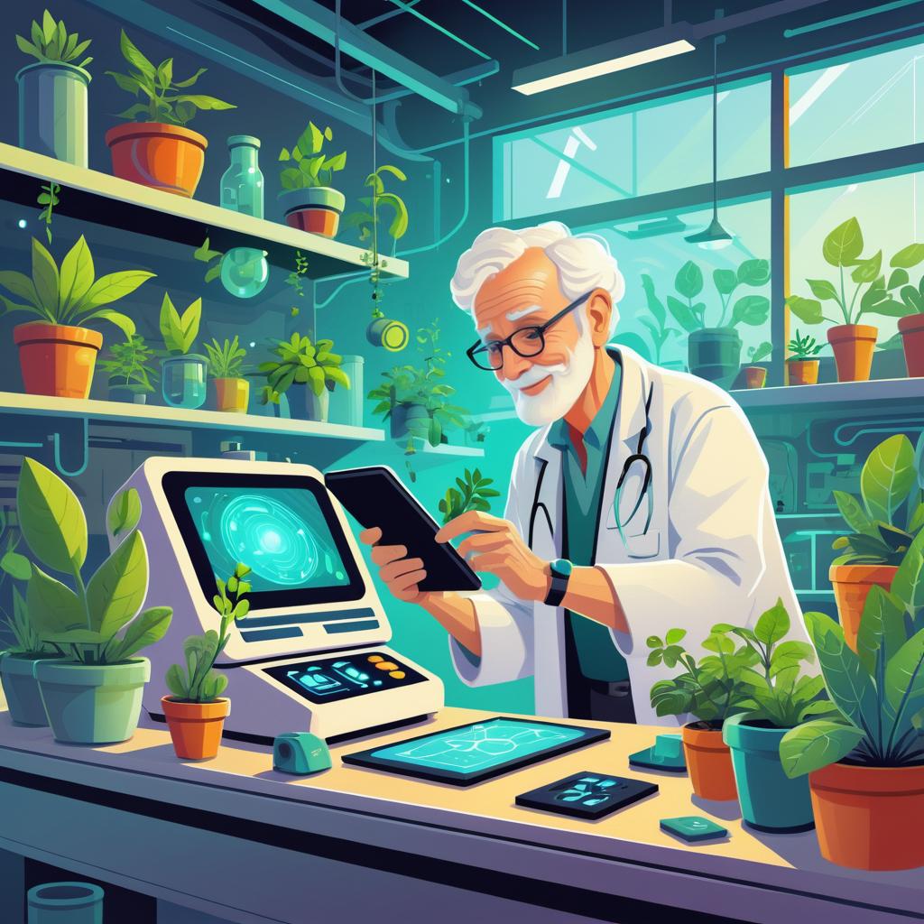 Cheerful Elderly Scientist in Futuristic Workshop