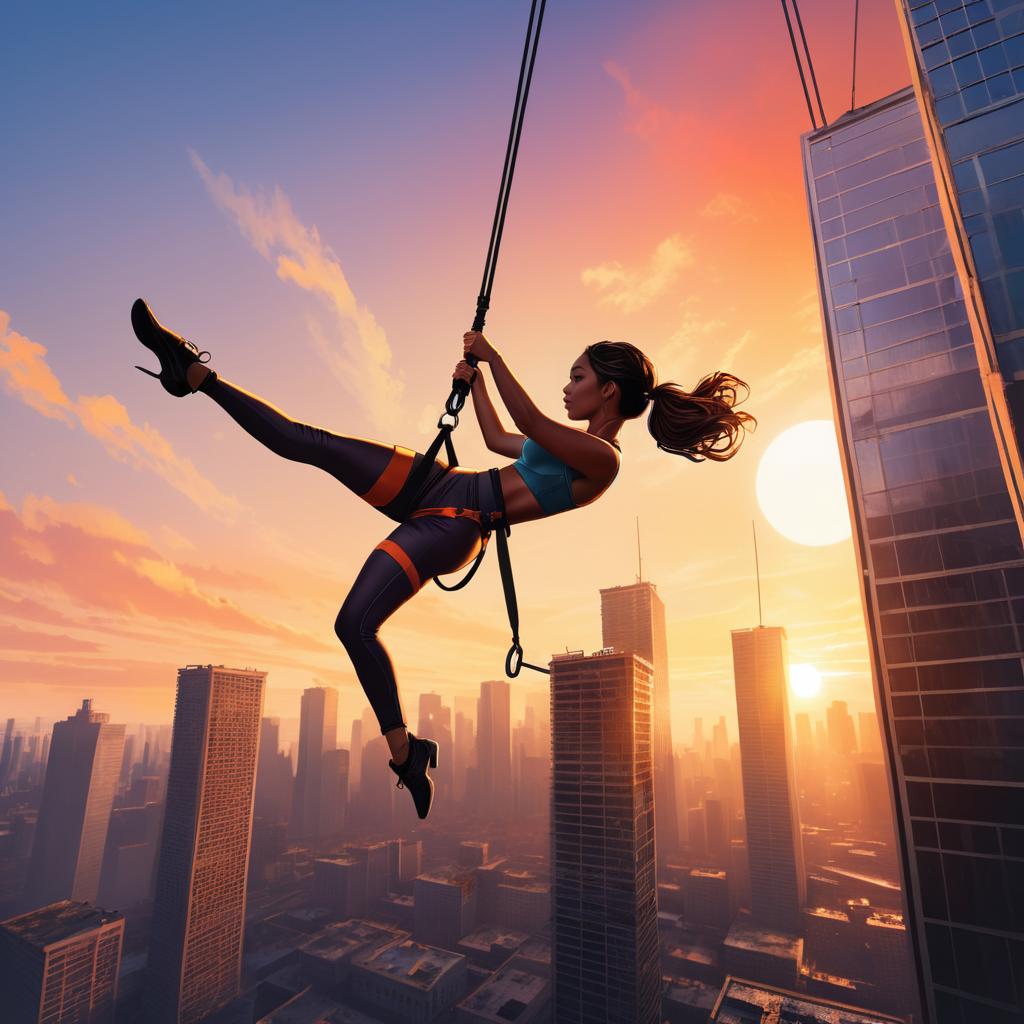 Dynamic Acrobat Swinging at Sunset