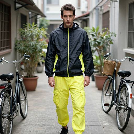 Photograph of a young man with short brown hair, wearing a black and yellow jacket, yellow pants, walking between two bicycles in a narrow, p
