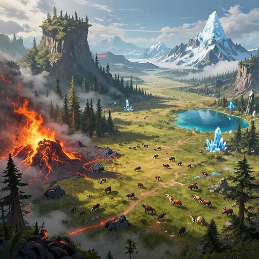 Fantastical landscape: fiery mountain on left, vibrant blue crystals, serene lake, grazing horses, lush green meadows, snow-capped mountains,
