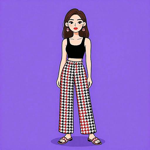 Stylish Woman in Houndstooth Trousers and Black Crop Top