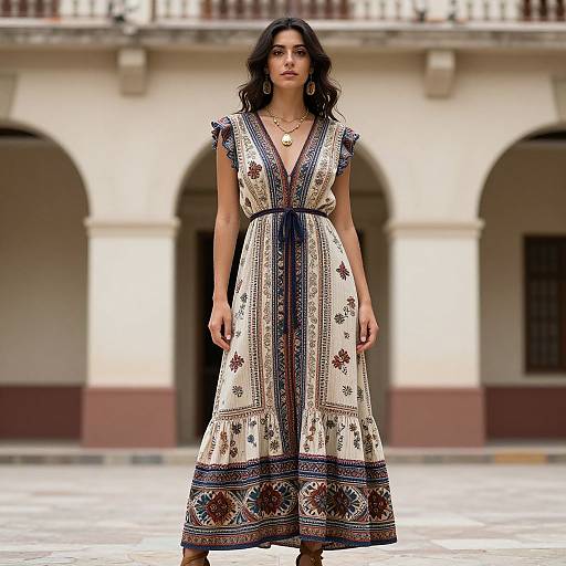 Photograph of a dark-haired woman wearing a sleeveless, knee-length, white dress with blue and brown floral patterns, standing in a colonial-style courtyard