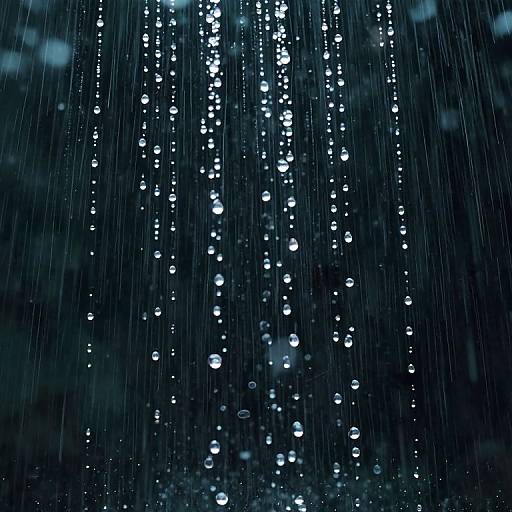 Photograph of raindrops illuminated against a dark blue background, creating vertical lines of sparkling white dots in a mesmerizing, ethereal pattern.