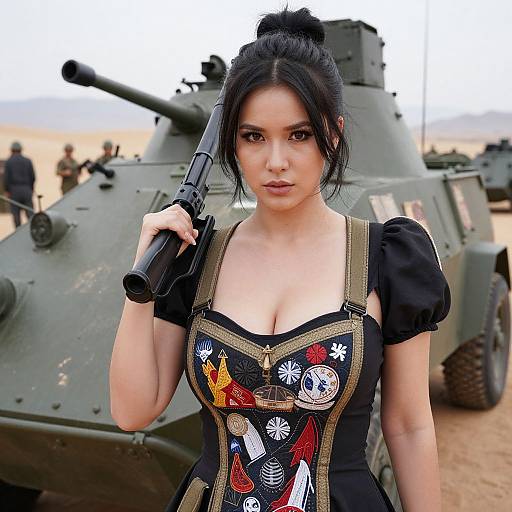 Asian woman with black hair in a bun, wearing a black, floral-patterned dirndl dress, holding a pistol, standing in front of a military