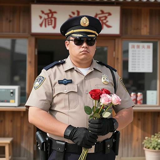 Police Officer in Tan Uniform with Flowers