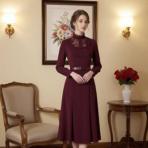 Photograph of a young woman in a dark purple lace dress, standing in a warmly lit room with floral painting, vintage chair, and red rose vase