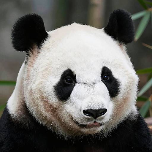 Photograph of a close-up giant panda with black-and-white fur, black ears, and dark eyes, set against a blurred green and gray background.