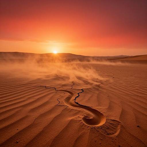 Photograph of a desert sunset with a winding sand trench, rippled sand, and a glowing orange sky, dust swirling in the air.