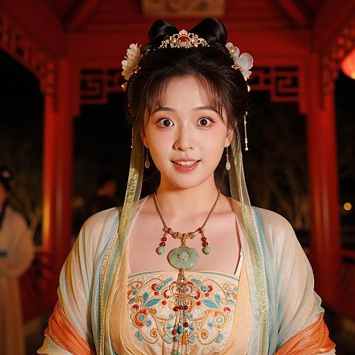 Photograph of an Asian woman with black hair in a bun, adorned with flowers, wearing an ornate, embroidered traditional dress, and intricate jewelry,