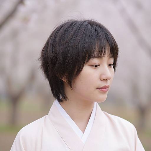 Photograph of an Asian teenager with short black hair, wearing a white traditional kimono, looking to the side, blurred trees in background.