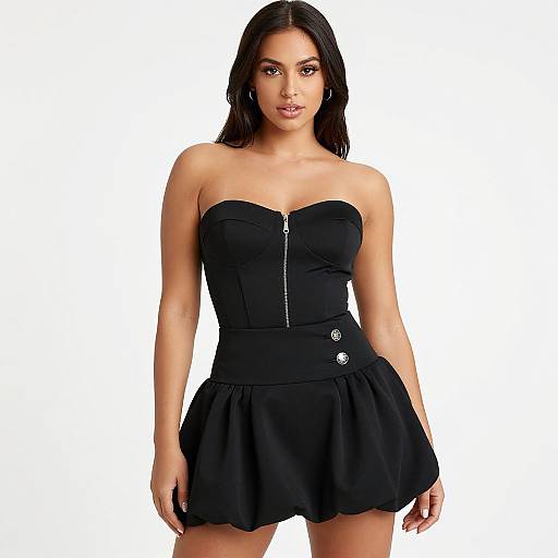 Photograph of a young woman with long dark hair, wearing a black strapless zip-up mini dress, standing against a white background.