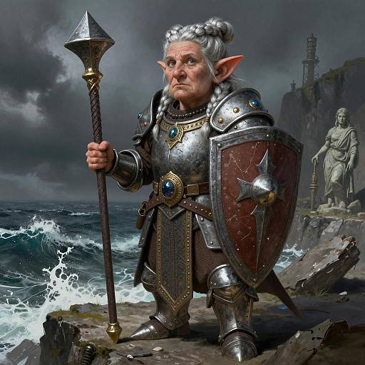 Majestic Dwarf Matriarch on Stormy Cliff