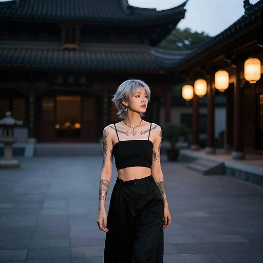 Non-binary person with silver hair in temple courtyard