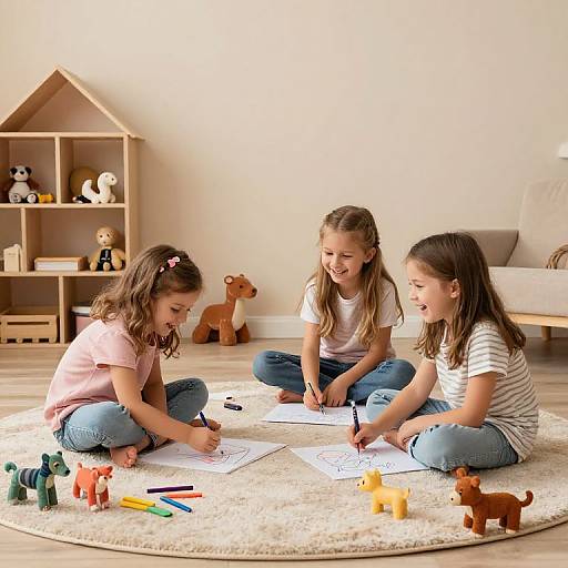 Photograph of three young girls with brown hair, sitting on a white rug in a bright, minimalist living room, drawing and smiling together with colorful toys