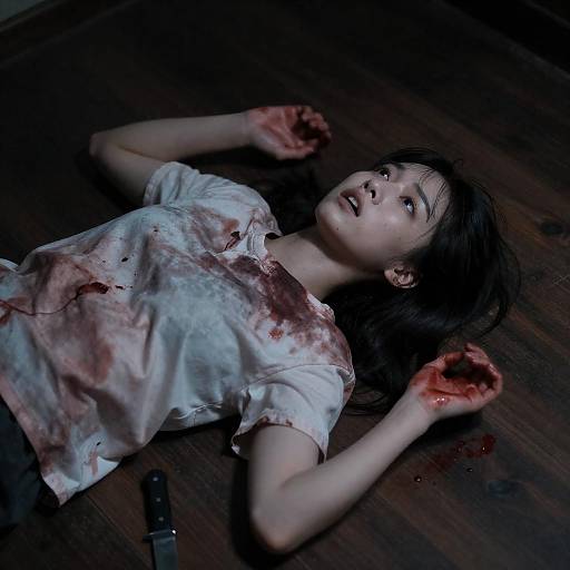 Shocked Woman on Bloodied Wooden Floor