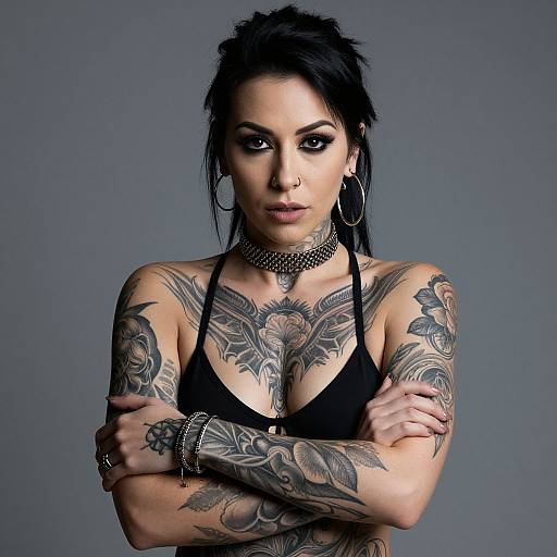 Photograph of a heavily tattooed woman with dark hair, black bikini top, choker, hoop earrings, and crossed arms against a gray background.