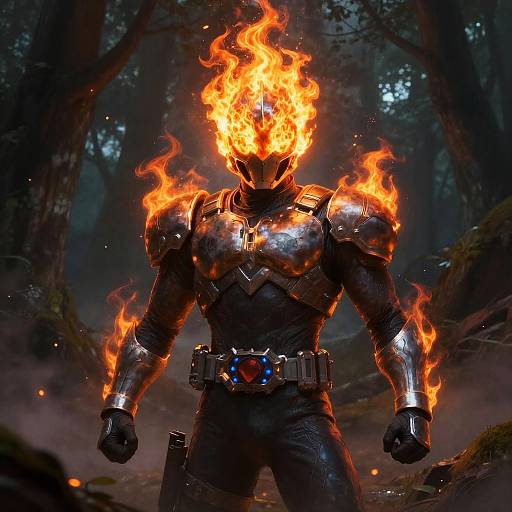 Fiery Helmeted Superhero in Misty Forest