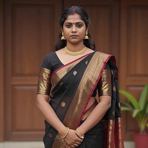 Indian Woman in Black and Gold Saree