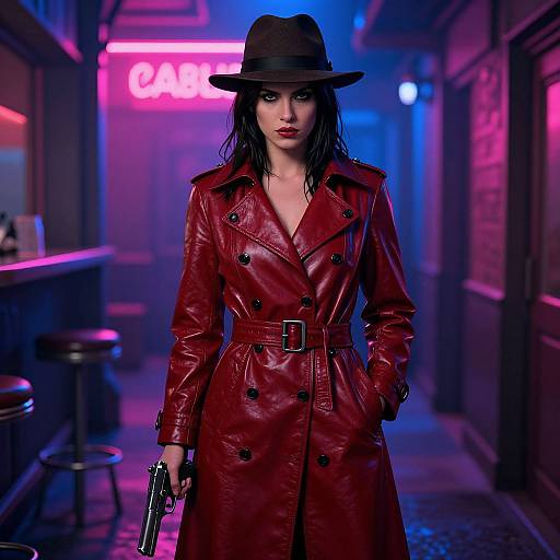 Photograph-style digital art of a mysterious woman in a red leather trench coat and black hat, holding a gun, standing in a neon-lit,