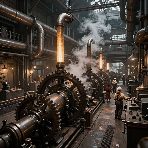 Photograph of industrial factory interior with large, steam-emitting gears, metallic pipes, and workers in white hard hats, wearing overalls, amidst dim