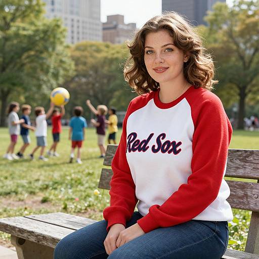 Photograph of a smiling, fair-skinned woman with wavy brown hair, wearing a red and white 