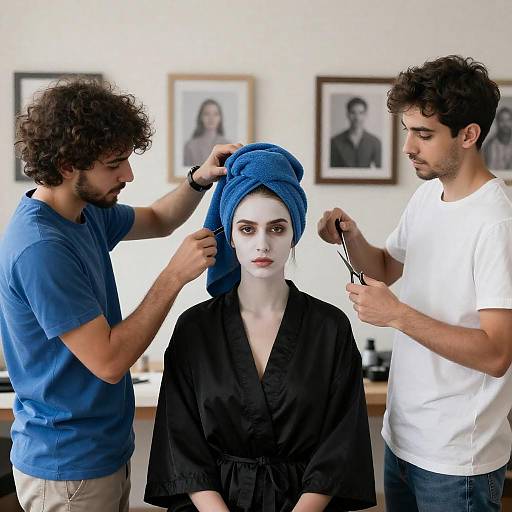 Bright Salon Scene: Woman and Stylists