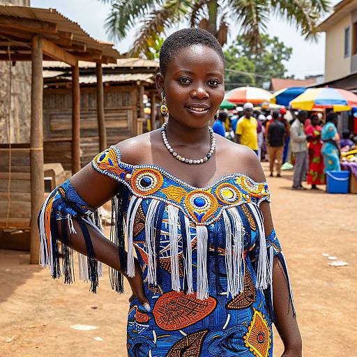 Photograph of a smiling African woman with dark skin, wearing an ornate blue and orange fringed dress, pearl necklace, and earrings, standing in