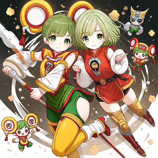 Illustration of Dragon kid, tiger & bunny in the style of Comodomodo