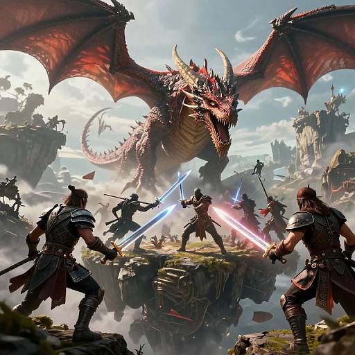 Epic fantasy battle: warriors with glowing red and blue lightsabers duel a massive red dragon amidst floating islands and a cloudy sky. Digital artwork.