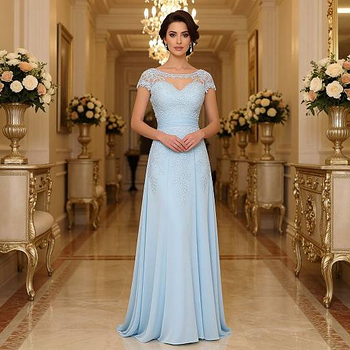 Photograph of a woman in a light blue lace wedding dress standing in an elegant, gold-accented hallway with floral centerpieces.