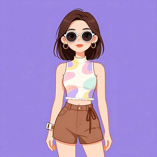 Digital anime-style drawing of a cute woman with brown hair, wearing round sunglasses, white camo top, brown high-waist shorts, and hoop
