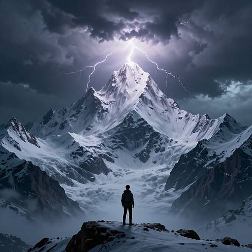 Digital art of a lone figure standing on a snowy mountain peak, silhouetted against a dramatic, lightning-illuminated, snow-covered mountain