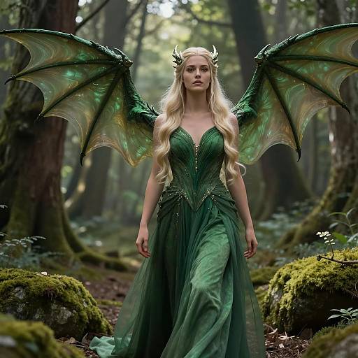 Fantasy Woman with Dragon Wings in Forest