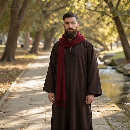 Photograph of a bearded man with dark hair, wearing a long black robe and deep red scarf, standing on a sunlit park path with trees