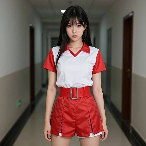 Digital photograph of an Asian woman with long black hair, wearing a white and red sports outfit with a belt, standing in a dimly lit, narrow