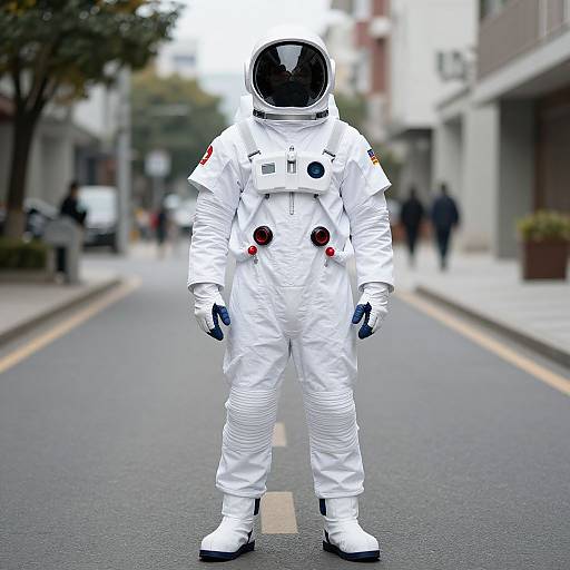 Photograph of a person in a white astronaut suit with black gloves and helmet, standing on a city street, blurred background.
