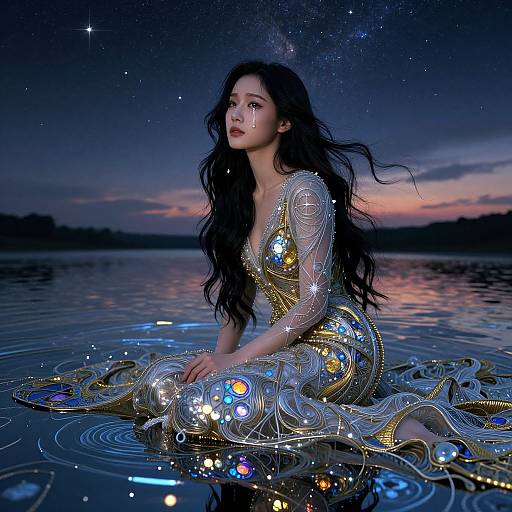 Photorealistic digital artwork of a fair-skinned woman with long black hair, wearing a glowing, ethereal, silver dress with blue and gold accents
