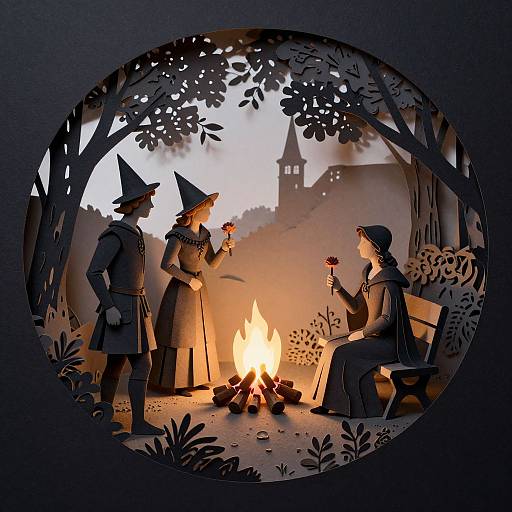 Digital silhouette artwork of three witches in a forest, sitting and standing around a campfire, holding flowers, with a castle in the background at dusk.