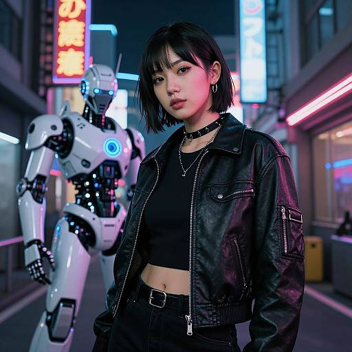 Cyberpunk photograph: Asian woman with short black hair, black crop top, leather jacket, choker, standing in neon-lit street; white