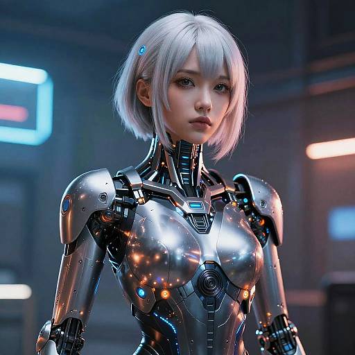 Futuristic Platinum-Haired Cyberpunk Cyborg Woman