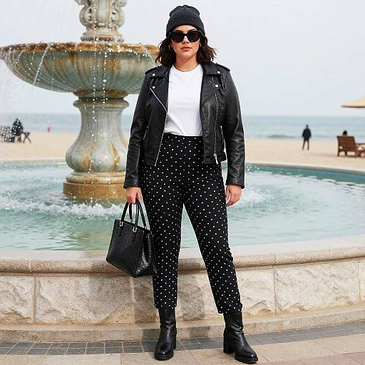 Photograph of a stylish woman in a black leather jacket, white tee, black polka-dot pants, and boots, standing in front of a fountain