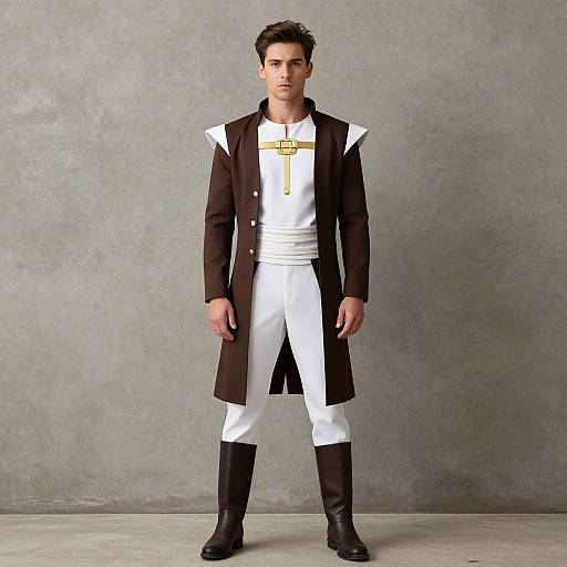 Photograph of a young man with short dark hair, standing in a gray studio. He wears a white and brown long coat, white pants, and