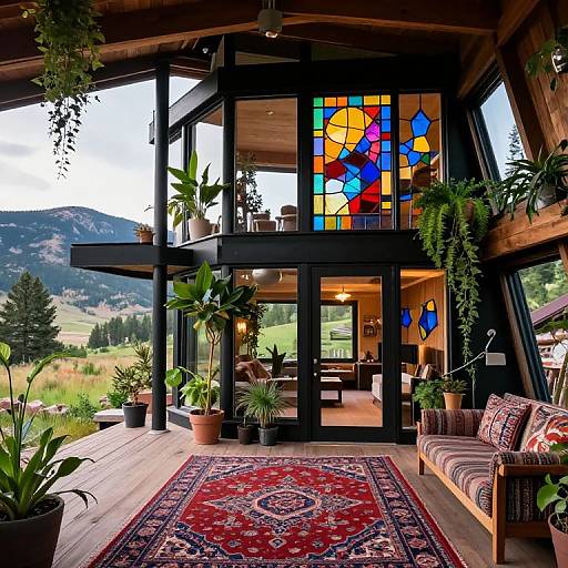 Modern, two-story glass house with vibrant stained glass, wooden beams, potted plants, red patterned rug, and mountain view. Photorealistic