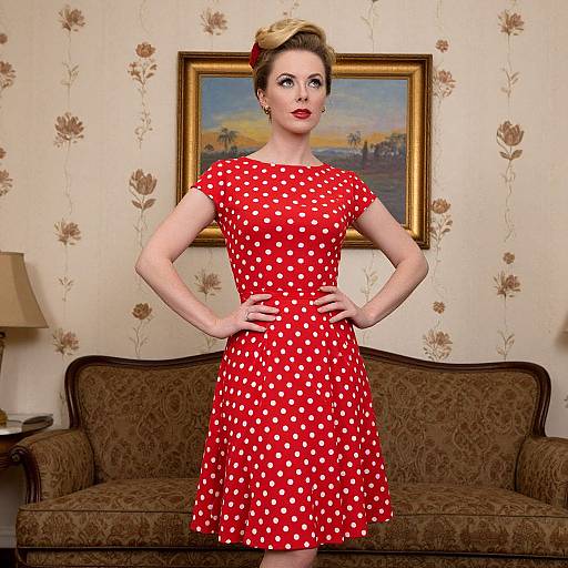 Photograph of a fair-skinned woman with blonde updo, red polka dot dress, standing in vintage living room, hands on hips.