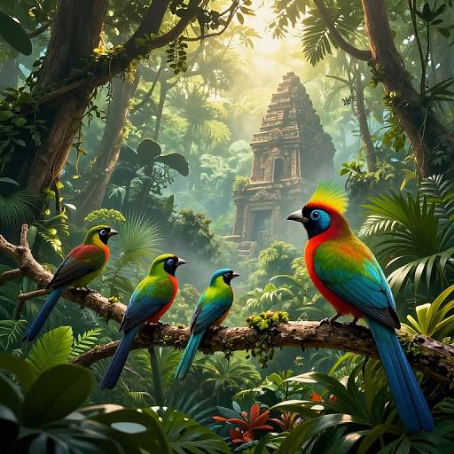 Digital illustration of vibrant parrots perched on a tree branch in a lush, sunlit jungle with an ancient temple in the background.