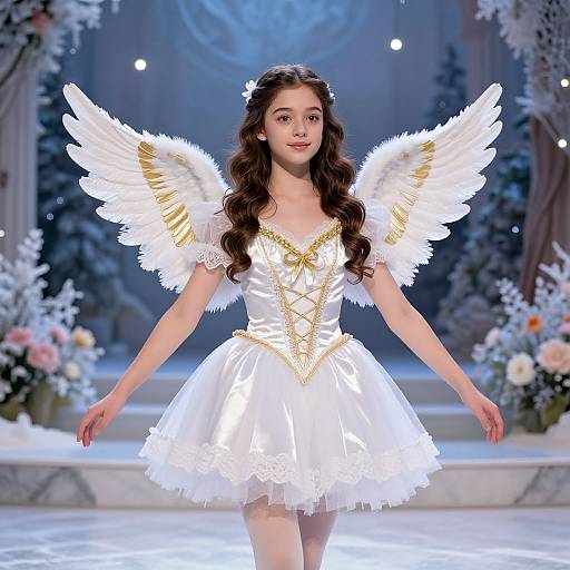 Photograph of a young, fair-skinned girl with long brown hair, wearing a white, lace-trimmed, angelic dress with gold accents