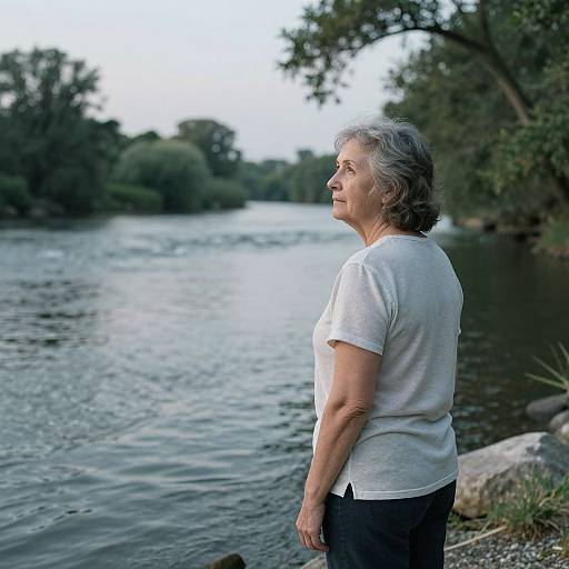 Photograph of an older woman with gray hair, wearing a white t-shirt and black pants, standing by a calm river surrounded by trees, looking into