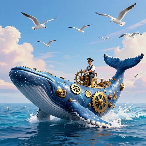 Fantastical steam-powered blue whale ship with golden gears, sailing on ocean, captain in hat, surrounded by flying seagulls, bright blue sky