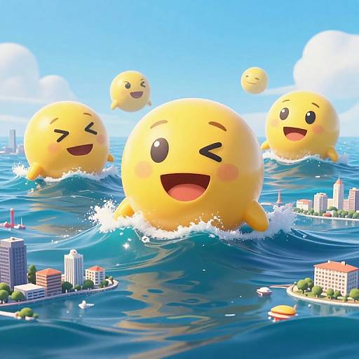 CGI image of four smiling, yellow, emoji-like creatures splashing in ocean waves near a vibrant cityscape with blue skies and clouds.